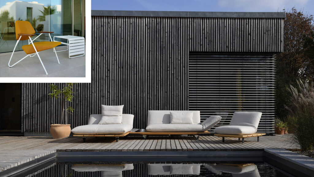 Outdoormöbel bei [living] wohndesign: das Elementsofa Bullfrog, Modell Akito, und der loungige Sessel Prostoria, Modell Polygon