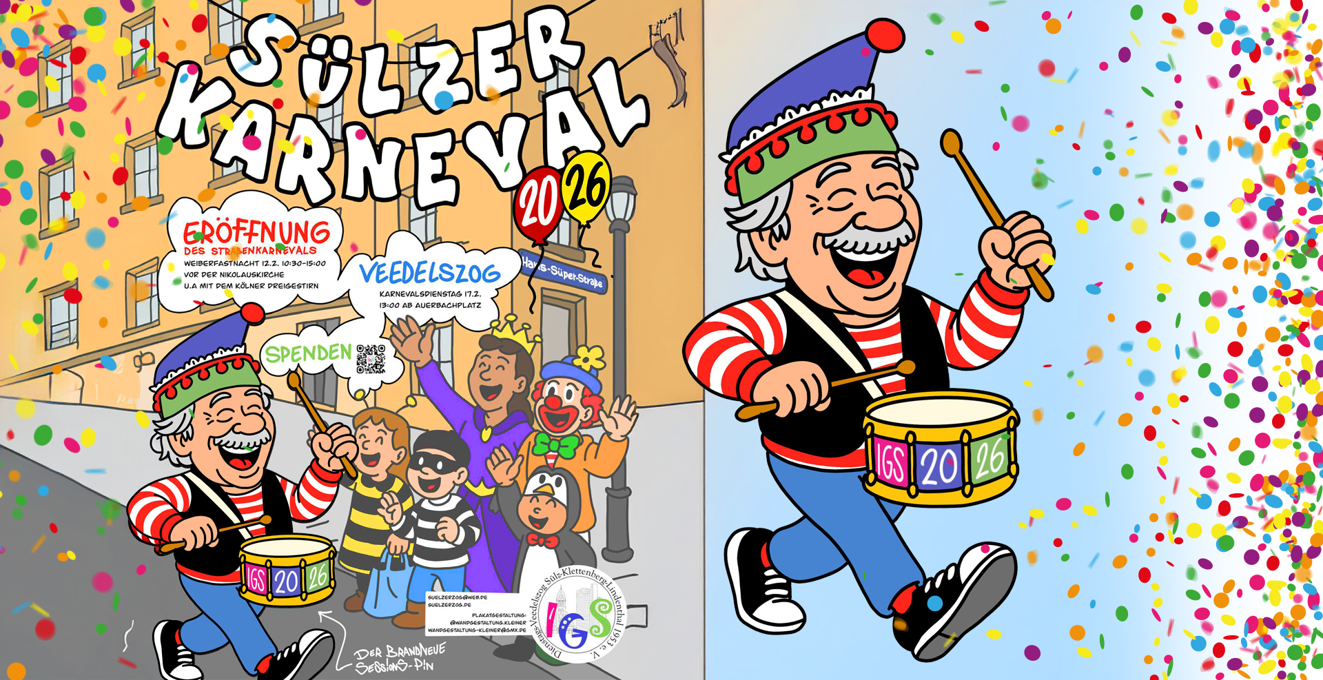 Illustration mit fröhlichem Karnevalsmotiv zum Sülzer Karneval 2026. Ein älterer Trommler in rot-weißem Ringelshirt und bunter Narrenkappe läuft lachend durch Konfetti, begleitet von verkleideten Jecken vor Häuserfassaden. Hinweise auf die Eröffnung am 12. Februar und den Veedelszog am 17. Februar sind integriert.