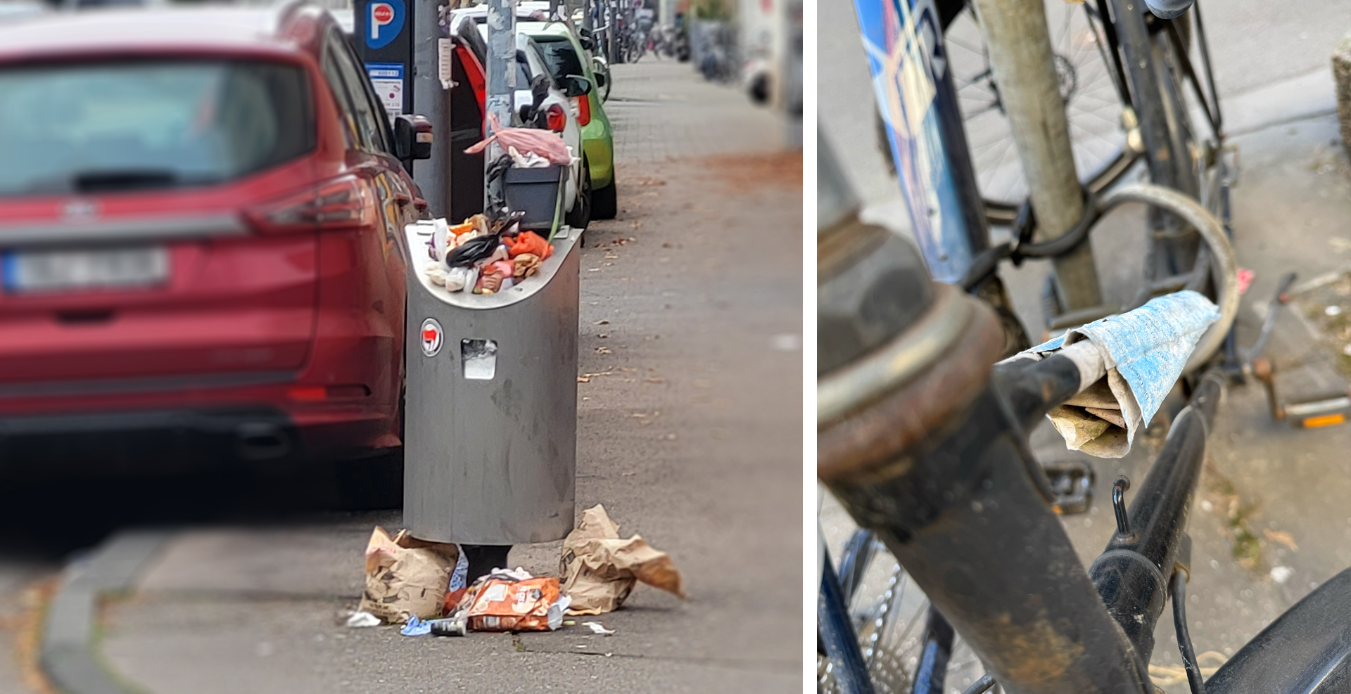 Zweiteiliges Bild zur Darstellung von Müllproblemen im öffentlichen Raum. Links ein überfüllter Mülleimer am Straßenrand, aus dem Müll herausquillt und sich zusätzlich auf dem Boden verteilt. Im Hintergrund parkende Autos und ein Gehweg. Rechts ein Detailfoto eines alten, beschädigten Fahrrads an einem Fahrradständer. Das Rahmenrohr ist mit einem zerfetzten Stück Pappe oder Papier notdürftig umwickelt. Beide Szenen veranschaulichen typische Herausforderungen für Ordnung und Sauberkeit im Stadtbild.