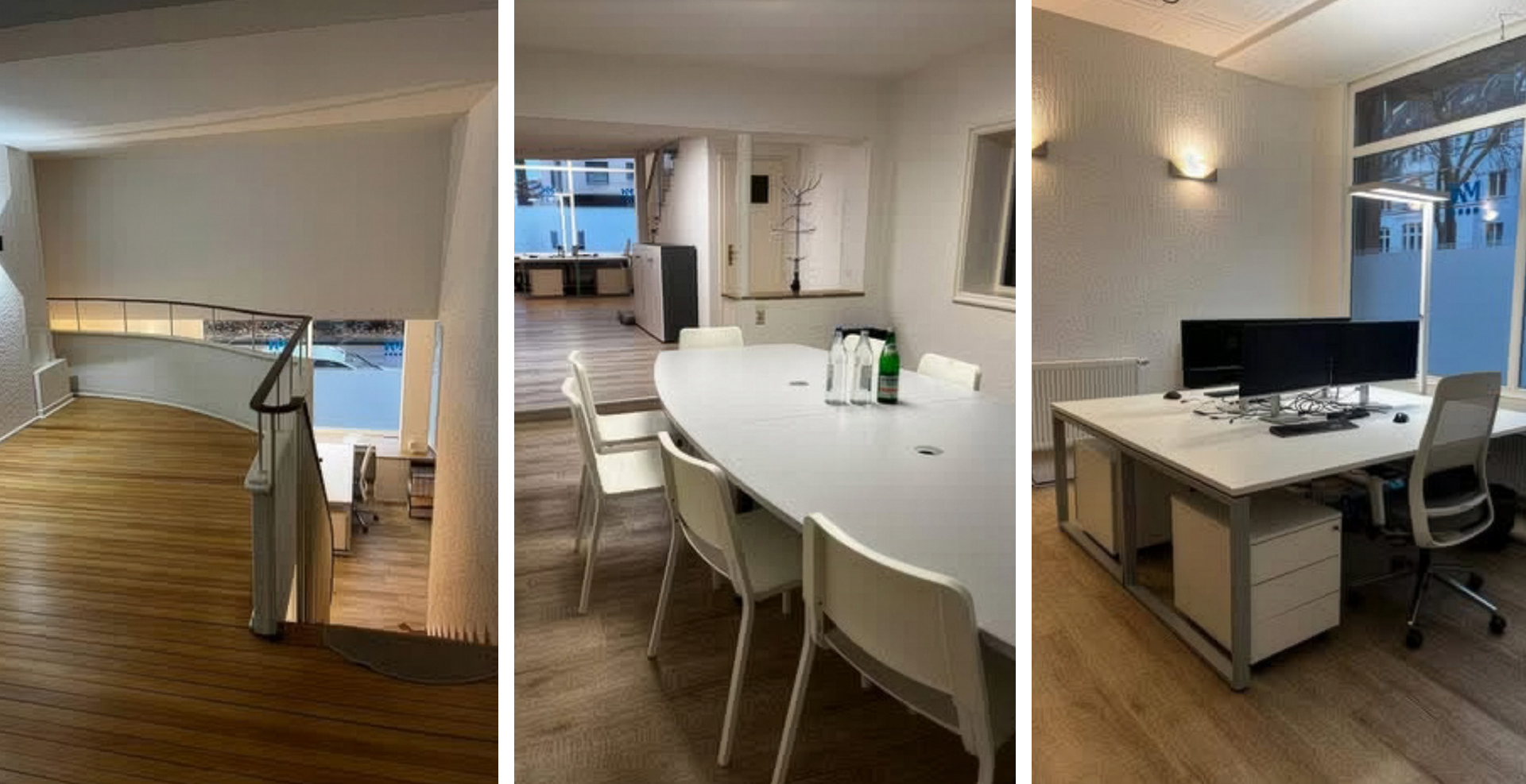 Dreiteilige Bildcollage von hellen, modern gestalteten Büroräumen: Links ein geschwungener Treppenaufgang mit Holzstufen und Glasgeländer, in der Mitte ein Besprechungsraum mit ovalem weißen Tisch und mehreren Stühlen, rechts ein Büro mit Schreibtischen, Computermonitoren und großen Fenstern.