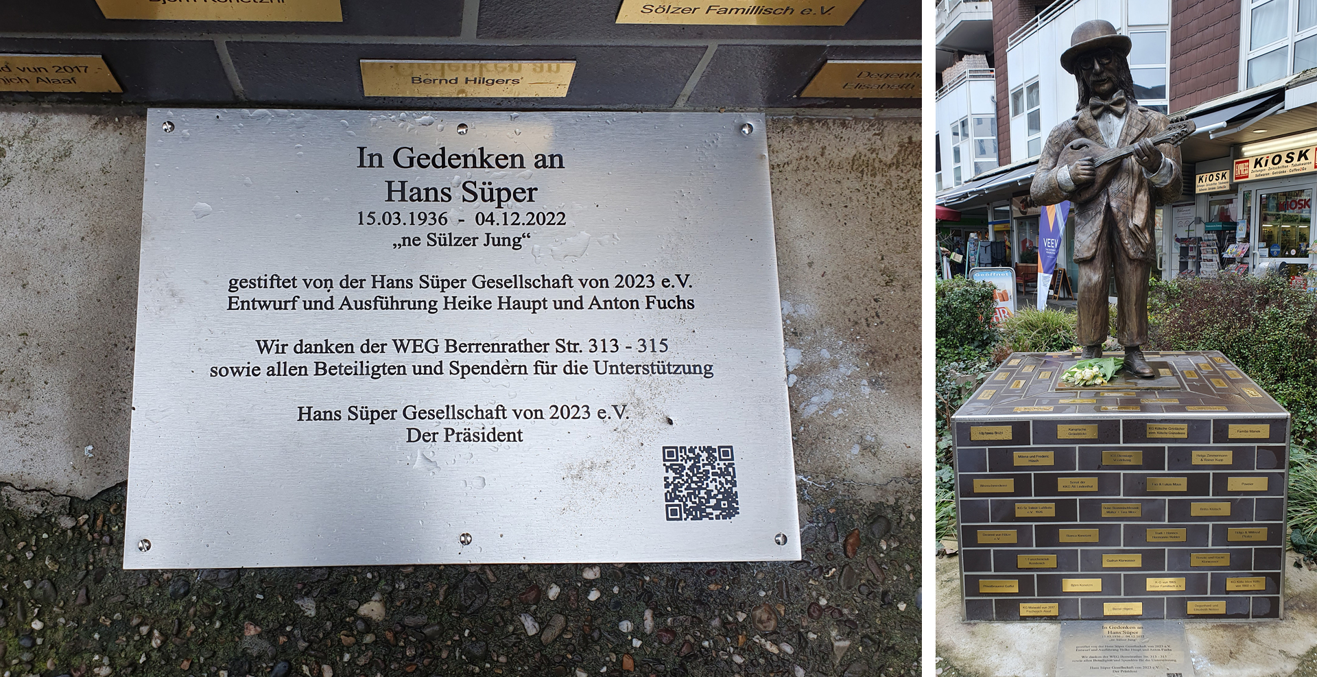 Bronzestatue des Kölner Musikers Hans Süper mit Mandoline auf einem Sockel in der Sülzburgstraße in Köln-Sülz; am Sockel sind zahlreiche Spendentafeln angebracht, davor liegen Blumen. Daneben eine Nahaufnahme der Gedenkplakette mit seinem Namen und Lebensdaten (1936–2022)