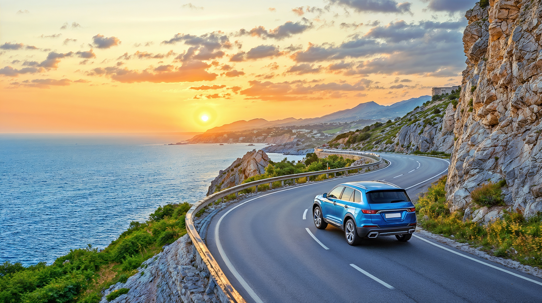 Ein blaues Auto, welches einer Küstenstraße dem Meer entlang in den Sonnuntergang folgt.