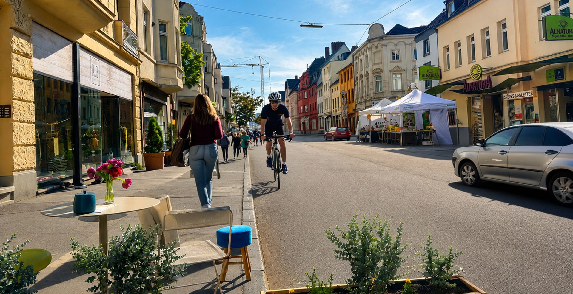 Blick über die Berrenrather Straße in Köln-Sülz: Eine Radfahrerin bzw. ein Radfahrer fährt auf der Fahrbahn, während Fußgänger*innen die Gehwege nutzen. Entlang der Straße befinden sich Geschäfte, Cafés und Marktstände, darunter ein Alnatura-Markt. Das Bild vermittelt den Charakter der Straße als lebendige Einkaufs- und Verkehrsachse im Veedel.