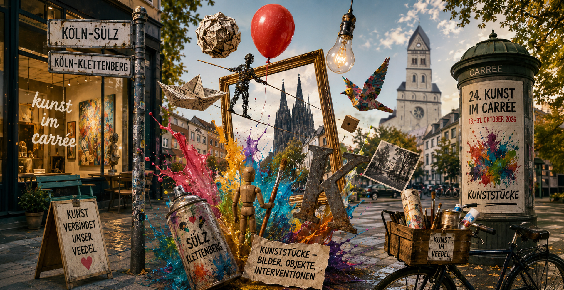Surrealistische Collage zur „24. kunst im carrée“ in Köln-Sülz und Köln-Klettenberg. Vor einer lebendigen Veedel-Straße mit Blick auf den Kölner Dom und die Kirche St. Nikolaus schweben farbenfrohe Kunstobjekte, Farbspritzer, Bilderrahmen, Pinsel und Skulpturen scheinbar schwerelos durch den Raum. Wegweiser weisen nach „Köln-Sülz“ und „Köln-Klettenberg“, während Schaufenster, Litfaßsäule und Fahrrad auf die Kunstmeile im Veedel verweisen. Das Motiv verbindet die Kreativität zeitgenössischer Kunst mit bekannten Wahrzeichen Kölns und vermittelt eine spielerische, inspirierende Atmosphäre rund um das Motto „Kunststücke – Bilder, Objekte, Interventionen“.